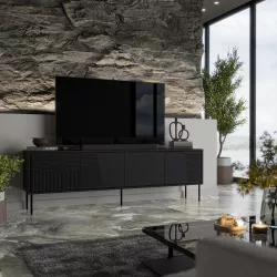 Mobile porta tv 200x62h in legno nero opaco con intarsi e 4 ante - Thiago