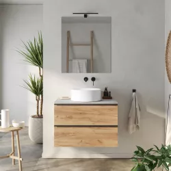 Mobile da bagno sospeso portalavabo 80 cm rovere africa con top in grigio pietra e specchio - Yamir