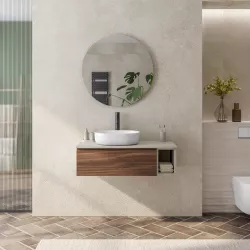 Mobile bagno sospeso portalavabo 100 cm rovere deciso con vano grigio seta e specchio - Verano