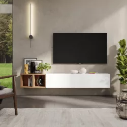 Porta tv sospeso 194x30x29h cm con pensile a ribalta bianco lucido e coppia  di cubi rovere