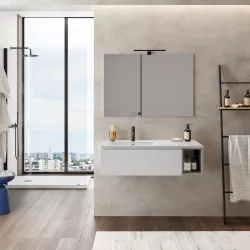 Mobile bagno sospeso 100 cm bianco petalo con vano grigio seta e lavabo ceramica sx - Verano