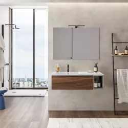 Mobile bagno sospeso 100 cm rovere decioso con vano grigio seta e lavabo ceramica sx - Verano