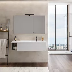 Mobile bagno sospeso 120 cm bianco petalo con vano grigio seta e lavabo dx con specchio - Verano