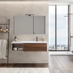 Mobile bagno sospeso 120 cm rovere deciso con vano 40 cm grigio seta e lavabo dx con specchio - Verano