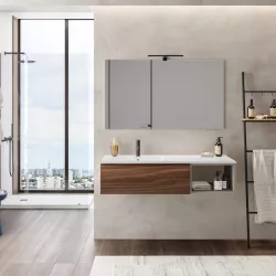 Mobile bagno sospeso 120 cm rovere deciso con vano 40 cm grigio seta e lavabo ceramica sx - Verano