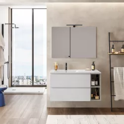 Mobile bagno sospeso 100 cm bianco petalo con vano grigio seta e lavabo ceramica sx - Verano Plus