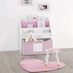 Libreria 63x70h cm in legno bianco e rosa con cassetto e rotelle - Kids