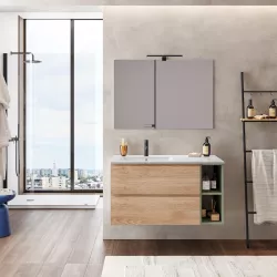 Mobile bagno sospeso 100 cm rovere biscuit con vano verde ovatta e lavabo ceramica sx - Verano Plus