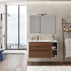 Mobile bagno sospeso 100 cm rovere deciso con vano grigio seta e lavabo ceramica sx - Verano Plus