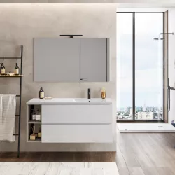 Mobile bagno sospeso 120 cm bianco petalo con vano grigio seta e lavabo dx con specchio - Verano Plus