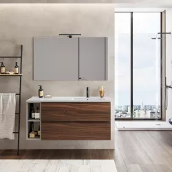 Mobile bagno sospeso 120 cm rovere deciso con vano grirgio seta e lavabo dx con specchio - Verano Plus