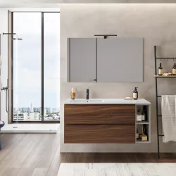 Mobile bagno sospeso 120 cm rovere deciso con vano grigio seta e lavabo ceramica sx - Verano Plus