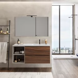 Mobile bagno sospeso 120 cm rovere deciso con vano 40 cm grigio seta e lavabo dx con specchio - Verano Plus