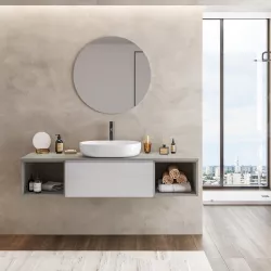 Mobile bagno sospeso portalavabo 160 cm bianco petalo con vani grigio seta e specchio - Verano