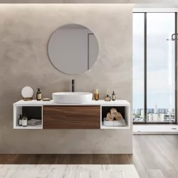 Mobile bagno sospeso portalavabo 160 cm rovere deciso con vani bianco wedding e specchio - Verano