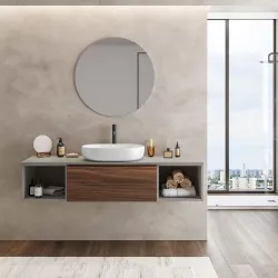 Mobile bagno sospeso portalavabo 160 cm rovere deciso con vani grigio seta e specchio - Verano