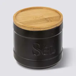 Contenitore per sale rotondo 10 cm in ceramica nero e coperchio in bambù