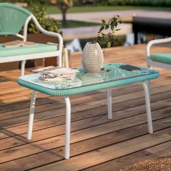 Tavolino da giardino con top in vetro 88x48 cm in acciaio bianco e corda tiffany - Eivissa