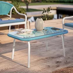 Tavolino da giardino con top in vetro 88x48 cm in acciaio bianco e corda blu - Eivissa