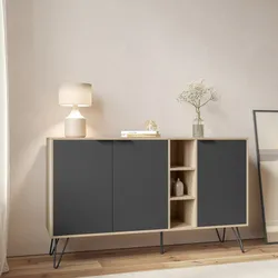 Madia 142x83h cm in legno rovere e antracite con 3 ante e vani a giorno - Demat