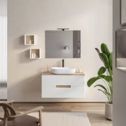 Mobile bagno sospeso 100 cm bianco lucido con top rovere biondo porta lavabo e specchio - Fisher