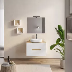 Mobile bagno sospeso 80 cm bianco lucido con top rovere biondo porta lavabo e specchio - Fisher