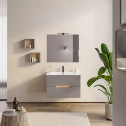 Mobile bagno sospeso 80 cm tortora e rovere biondo con specchio - Fisher