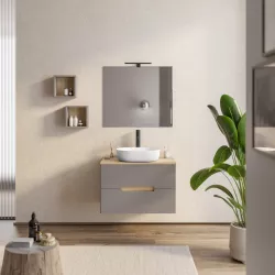 Mobile bagno sospeso 80 cm tortora con top rovere biondo porta lavabo e specchio - Fisher