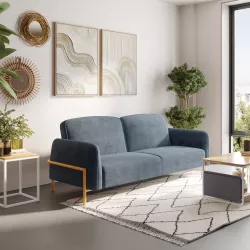 Divano letto 3 posti  in tessuto blu scuro con struttura in metallo effetto legno - Otium