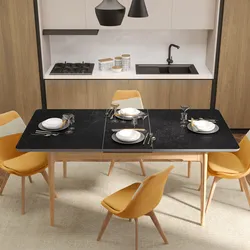 Tavolo da pranzo allungabile 140-180x90 con top in ceramica antracite e struttura in legno - Fulvio