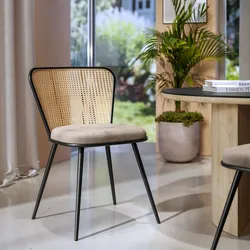 Sedia in velluto tortora chiaro con schienale in polyrattan naturale - Bellamy
