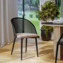 Sedia in velluto tortora chiaro con schienale in polyrattan nero - Sloane