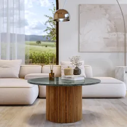 Tavolino rotondo 80 cm con top in marmo verde e base in legno naturale cannettato - Khalid