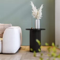 Tavolino rotondo 40 cm con top in marmo nero e base in legno nero cannettato - Felipe