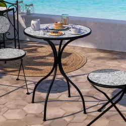 Tavolo rotondo 60 cm in metallo nero con top decoro terrazzo veneziano grigio - Otranto