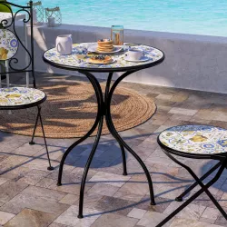 Tavolo rotondo 60 cm in metallo nero con top disegno in mosaico - Otranto