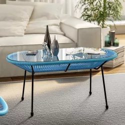 Tavolino da interno 90x45 cm in corda blu e piano in vetro - Kalimba