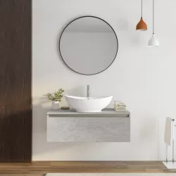 Mobile bagno sospeso portalavabo 100 cm in legno grigio pietra opaco con lavabo e specchio - Plain