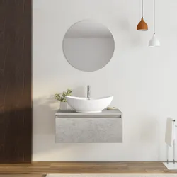 Mobile bagno sospeso portalavabo 80 cm in legno grigio pietra opaco con lavabo e specchio - Plain