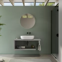 Mensolone bagno 100 cm con ripiano in legno grigio pietra opaco e portasalviette bianco opaco - Plain