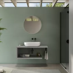 Mensolone bagno 100 cm con ripiano in legno grigio pietra opaco e portasalviette nero opaco - Plain