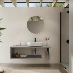 Mensolone bagno 130 cm con ripiano in legno grigio pietra opaco e portasalviette nero opaco - Plain