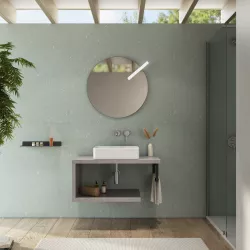 Mensolone bagno 90 cm con ripiano in legno grigio pietra opaco e portasalviette nero opaco - Plain