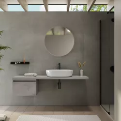 Mensolone bagno 150 cm con cassetto sospeso 50 cm in legno grigio pietra opaco - Plain