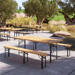 Set pranzo stile birreria tavolo 200x80 cm e 2 panche in acciaio nero e legno - Noize