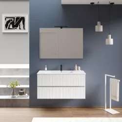 Mobile bagno sospeso 100 cm bianco opaco cannettato con lavabo integrato e specchio - Kamas