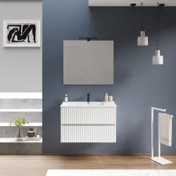 Mobile bagno sospeso 80 cm bianco opaco cannettato con lavabo integrato e specchio - Kamas