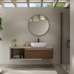 Mobile bagno sospeso 150 cm argilla con cassettone rovere deciso e specchio - Balik