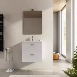 DEGHI MOBILI Mobiletto Bagno Sospeso 60 Cm Bianco Lucido Con Maniglie  Tortora + Specchio