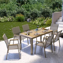 Set pranzo tavolo con top effetto legno 160x80 cm e 6 sedie con braccioli in alluminio tortora - Sinclair